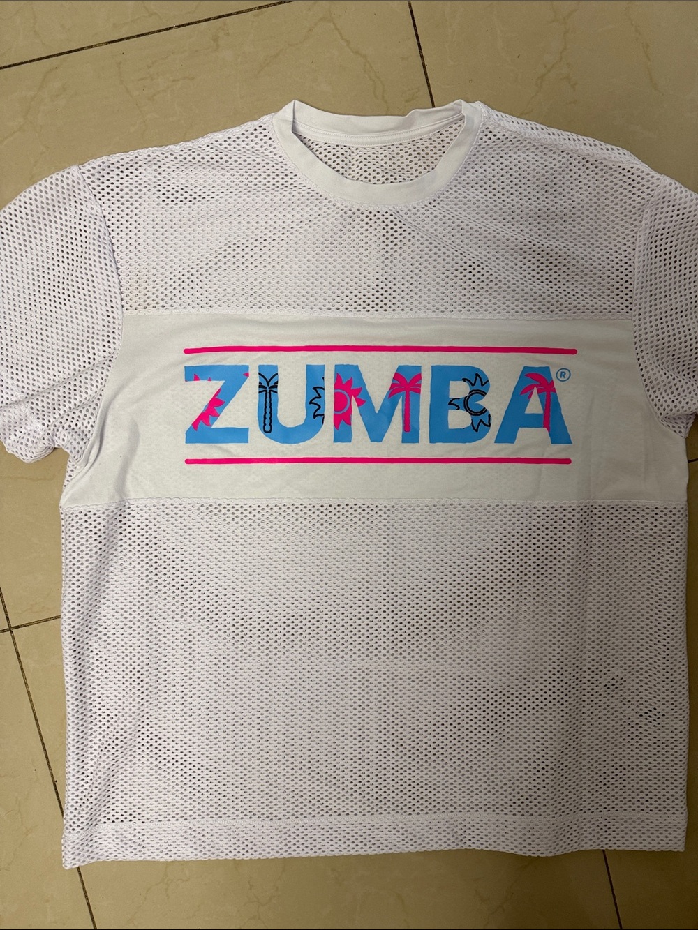 Zumba Cruise Exclusive White Mesh Tee with Blue & Pink Logo SIZE M